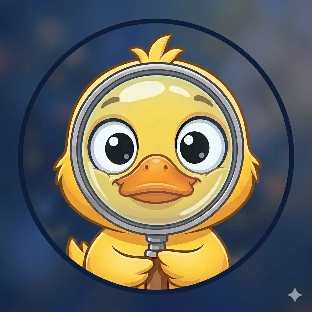 Ducky — a yellow cartoon duck holding a magnifying glass